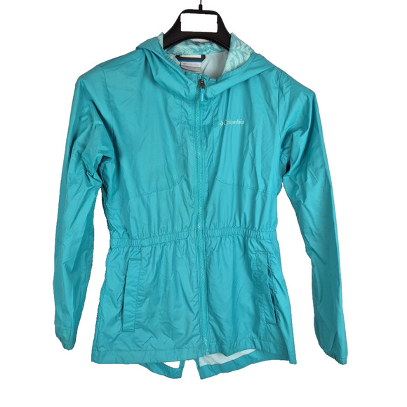Columbia Windbreaker Jacket Girls Large 12-14 Turquoise Full Zip Hooded Pockets - Picture 1 of 16